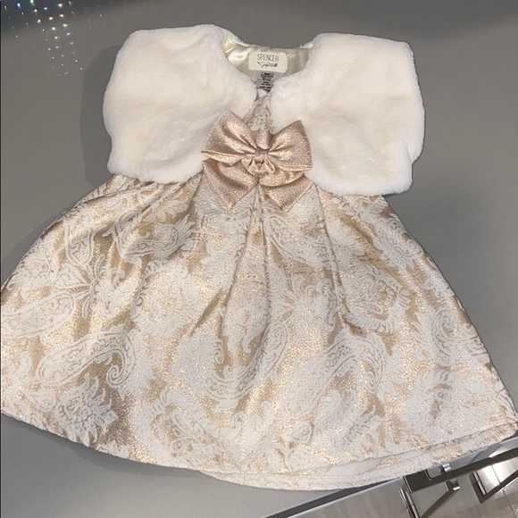 Gold shimmer party dress w/ white faux fur vest